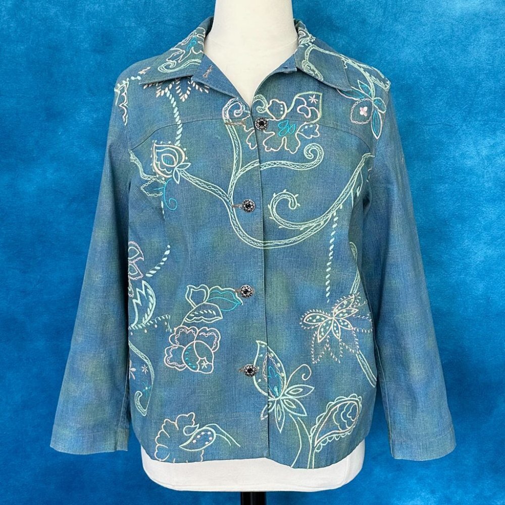 Napa Valley Denim Embroidered Button-Up Jacket, 16W